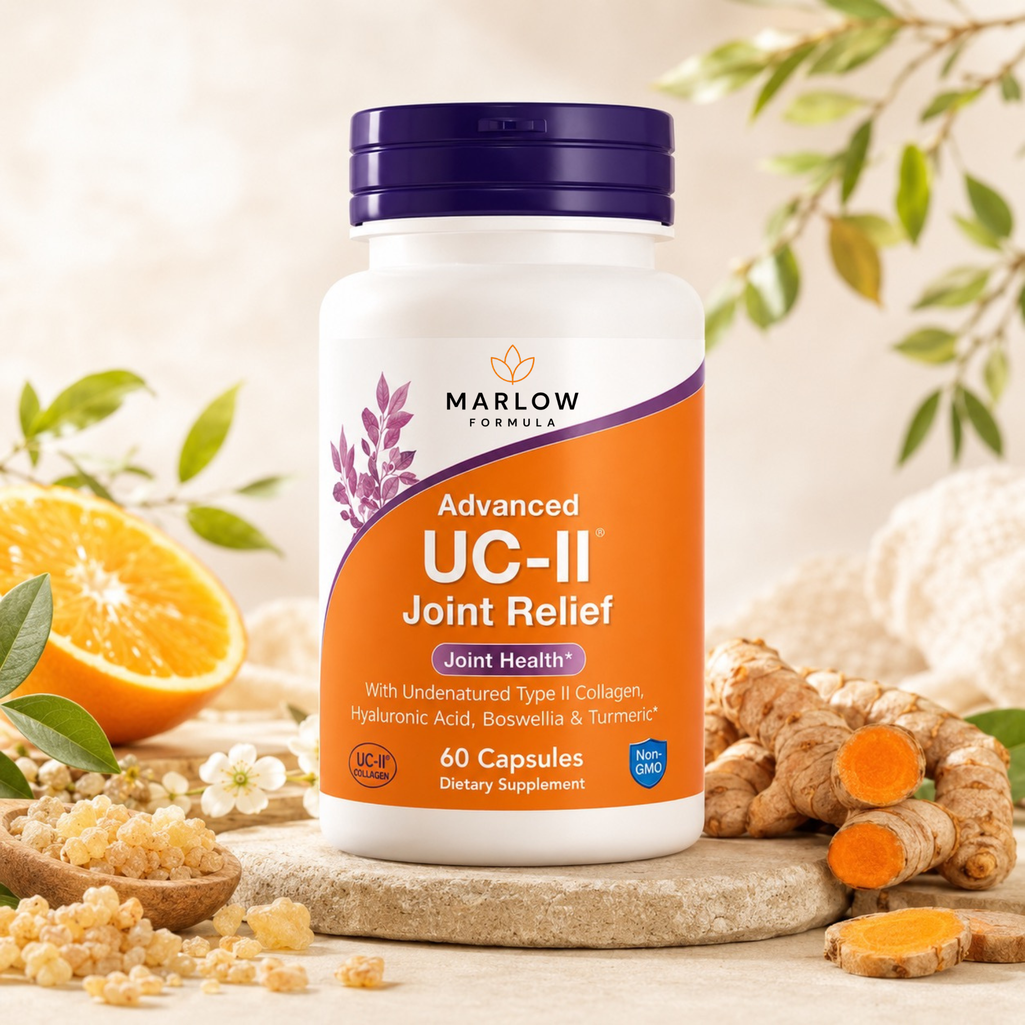 A bottle of Marlow Formulas Advanced UC-II Joint Relief dietary supplement, set on a stone slab surrounded by natural ingredients like turmeric, ginger, and an orange against a soft, warm background.