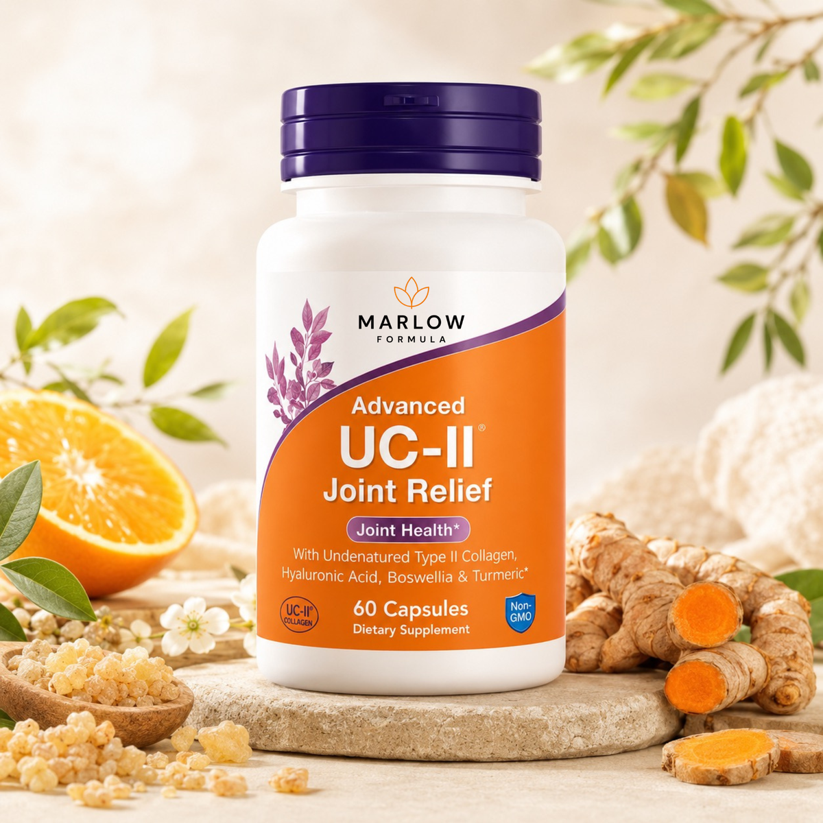 A bottle of Marlow Formulas Advanced UC-II Joint Relief dietary supplement, set on a stone slab surrounded by natural ingredients like turmeric, ginger, and an orange against a soft, warm background.